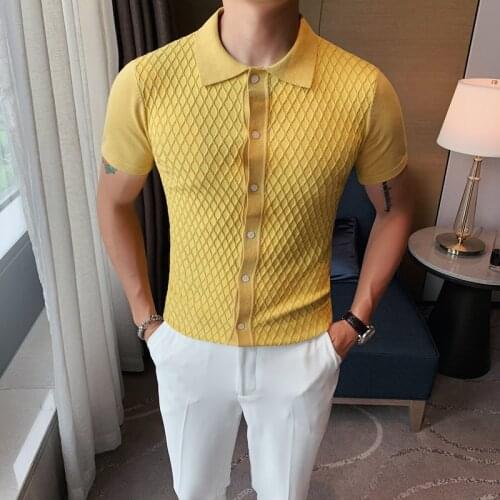 Casual Tee Shirt Homme Short Sleeve British Style Fashion Grid Knitted Polo Men Clothing 2021 Simple Turn Down Collar Slim Fit