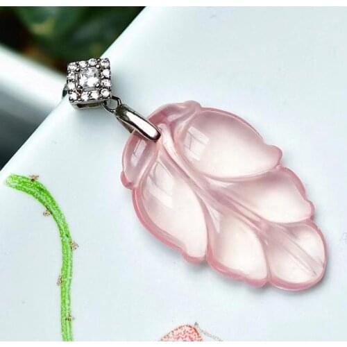 Genuine Natural Pink Rose Quartz Star Light Leaf Pendant Necklace Mozambique 31*19.7*6mm Women Men Jewelry AAAAA