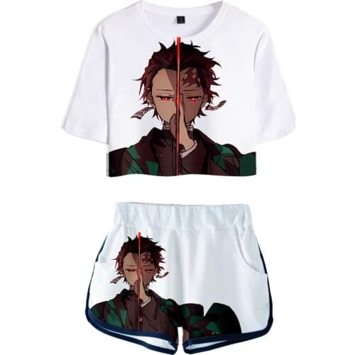 3D Demon Slayer original cartoon white womens casual two-piece naked belly button T-shirt + shorts Kimetsu no Yaiba girl suit