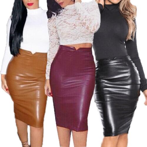 Sexy PU Leather Mini Pencil Skirt Bodycon Women OL Style High Waist Pure Color Slim Skirts Knee-Length Female Fashion Skirts