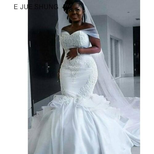E JUE SHUNG White Tulle Mermaid Beaded Luxury Wedding Dresses Off the shoulder Lace Up Back Bridal Gowns Wedding Gowns