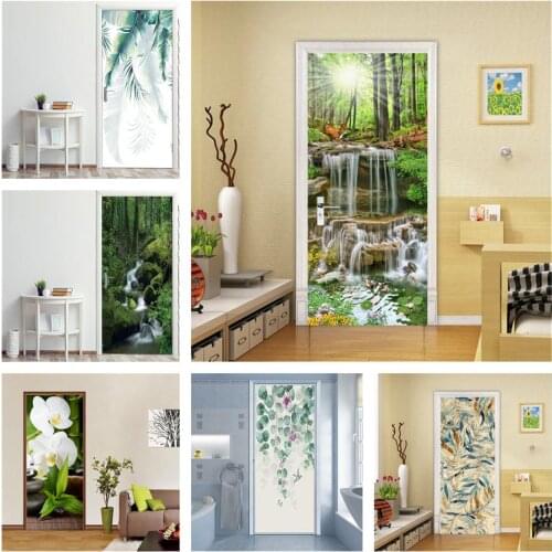 3D Landscape Green Leaf Flower Wallpaper For Door Self Adhesive Vinyl Poster Bedroom Decoration Wall Sticker Decal Doors Murals