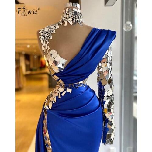 Sparkly Crystals Single Long Sleeve Evening Dresses 2021 One Shoulder Royal Blue Side Slit Sexy Formal Party Gowns Robes