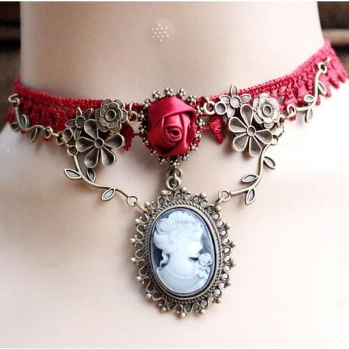 Elegant Beauty Head Pendant Vintage Victorian Lace Choker Necklace
