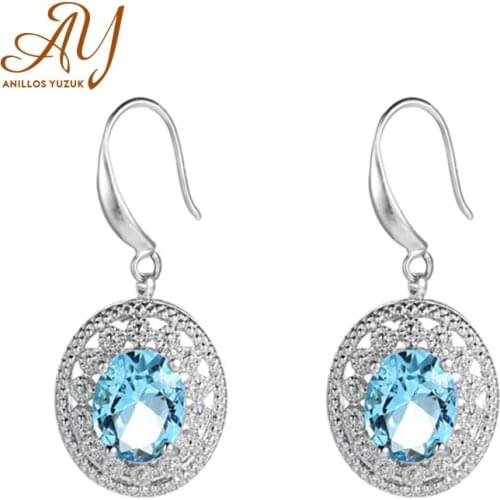 Anillos Yuzuk Dangle Earrings Solid Silver 925 Sky Blue Oval Topaz Drop Earing For Women Wedding Statement Fine Jewelry