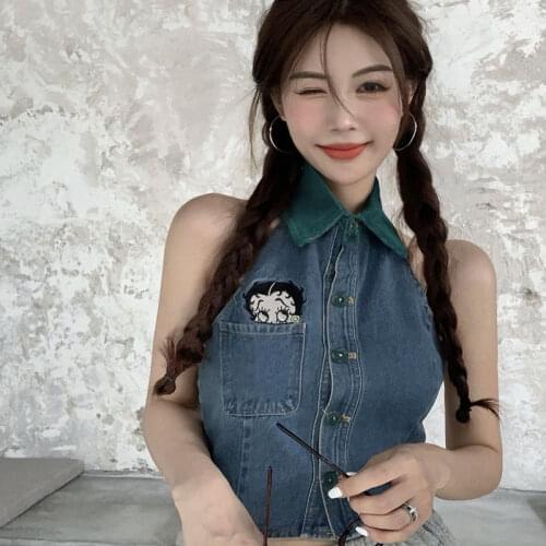 Y2k Denim Halterneck Vest Women 2021 Summer New Style Casual Outerwear Sexy Slim Camis Retro Embroidery Cropped Tops Female