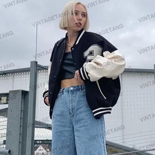 B-TOTO American Retro Black Flocking Embroidery Baseball Jacket Female Tide Ins Autumn Jacket 2021 New Fashion