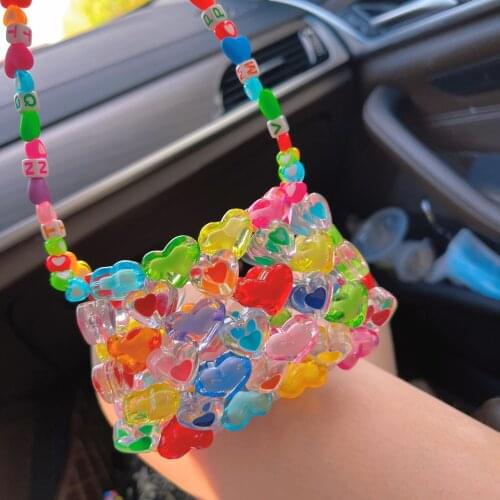 Luxury Clear Colored Crystal Beaded Shoulder Bag Heart Shape Acrylic Handmade Women Pearl Bag Evening Clutch Purse Beach Holiday