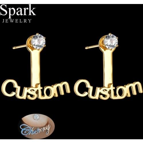 Spark Cubic Zirconia Custom Name Stud Earrings Stainless Steel Personalized Cursive Nameplate Earrings For Women Birthday Gift