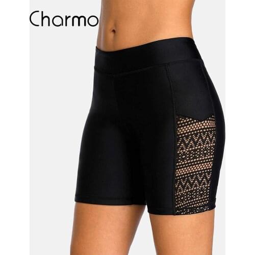 Charmo Womens Swim Shorts High Waisted Hollow Out Boyleg Board Shorts Swimming Bottoms