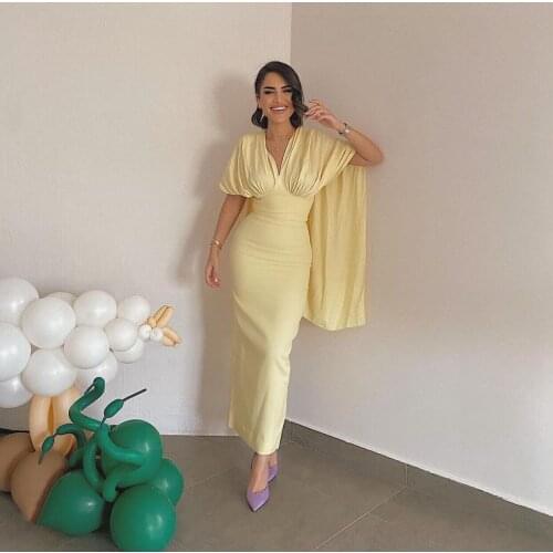 Lemon Yellow Silk Satin Evening Dresses Simple With Cape Sleeves V Neck Ankle Length Dubai Women Formal Prom Gown Cocktail Party
