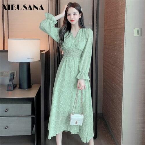 XIBUSANA 2020 Autumn Floral Print Mid Calf Dress Ladies Vintage Long Sleeve Buttons Elastic High Waist Slim V-Neck Dresses Women