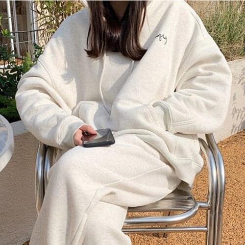 Winter Korean Harajuku chic casual women set Ulzzang hooded streetwear plus size Plus velvet sports pants fashion two-piece suit