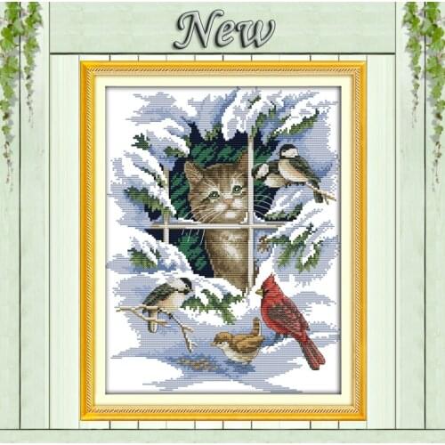 14CT 11CT DMC hand made cross stitch kits,snow scenery winter Cat and birds Needlework embroidery Cross Stitch sets Home Decor