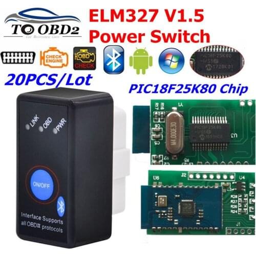 20PCS/LOT MINI ELM327 V1.5 Bluetooth ON/OFF Switch with PIC18F25K80 chip ELM 327 1.5 OBD2/OBDII for Android Torque Car Scanner