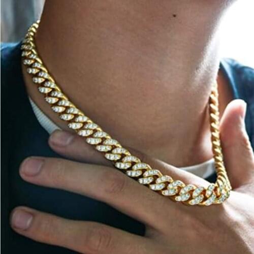 13mm Iced Out Cuban Chain Necklace Gold Silver Color Full Rhinestone Link Necklaces for Men Boyfriend Hip Hop Choker Jewelry