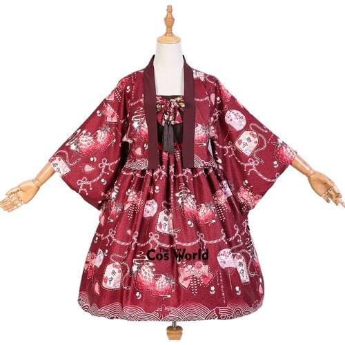 Japanese Harajuku Lolita Sweet Strawberry Haori Kimono Yukata Dresses Cosplay Costumes