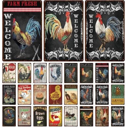 Chicken Tin Sign Fresh Eggs Farmhouse Decor Plaques Vintage Metal Tin Plate Painting Rooster Poster Kitchen Farm Wall Art Decor