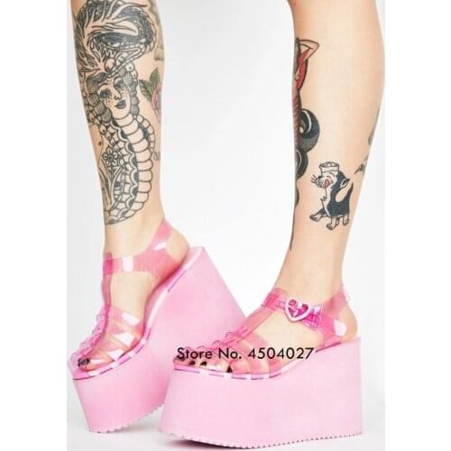 Summer new style wedge platform open toe candy color transarent pvc high heel sandals women shoes