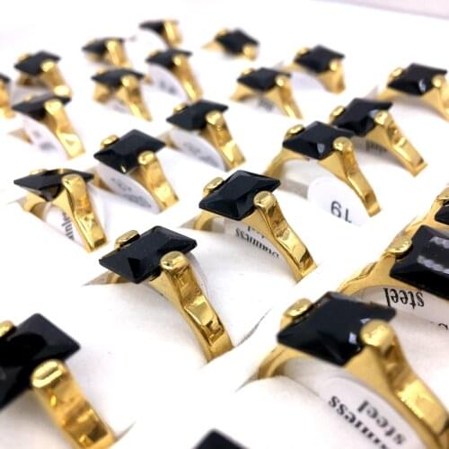 MixMax 36pcs Womens Rings Gold Plated Black Square Zircon Stone Stainless Steel Fashion Jewelry Ring Wholesale Lot