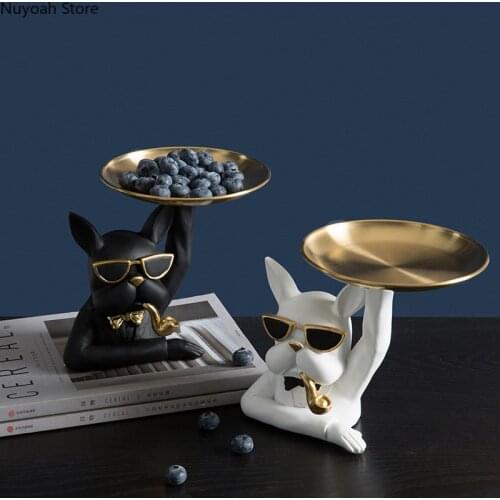 Nordic Creative Bulldog Storage Tray Decoration Resin Animal Statue Golden Tray Living Room Coffee Table Decoration Accessories