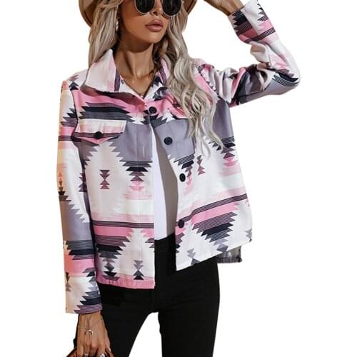 2021 New Women Button-down Cardigan Adults Printed Long Sleeve Turn-down Collar Outerwear