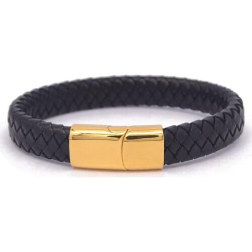New Trendy Black Color Mens Genuine Leather Bracelets Braided Fashion Jewelry with Gold Tones Stainless Steel Magnetic Clasp