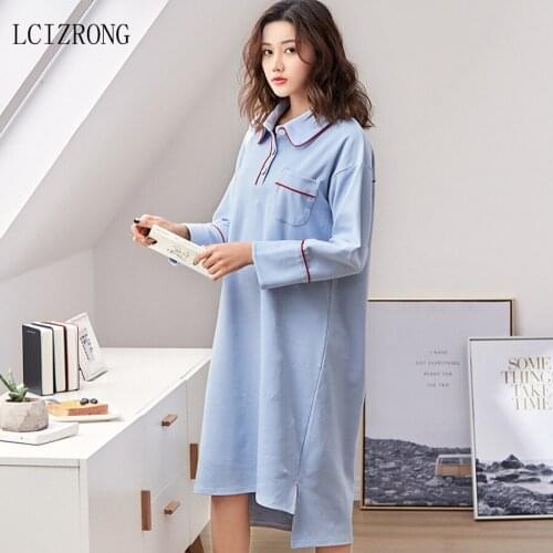 Autumn Fashion Cotton Nightdress Women Loose Long-sleeved Shirt Dress Sleepwear Plus Size Casual Home Clothes Nightgown Female