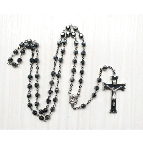 QIGO Black Stone Jesus Cross Rosary Neckalce Religious Catholic Jewelry For Men Women New Arrived