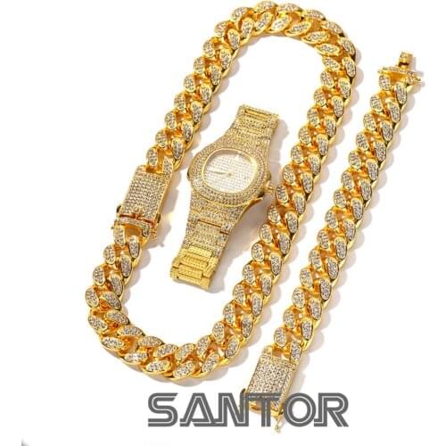 Santor Necklace Watch Bracelet Hip Hop Miami Curb Cuban Chain Gold Iced Out Paved Rhinestones CZ Bling Rapper For Men Jewelry