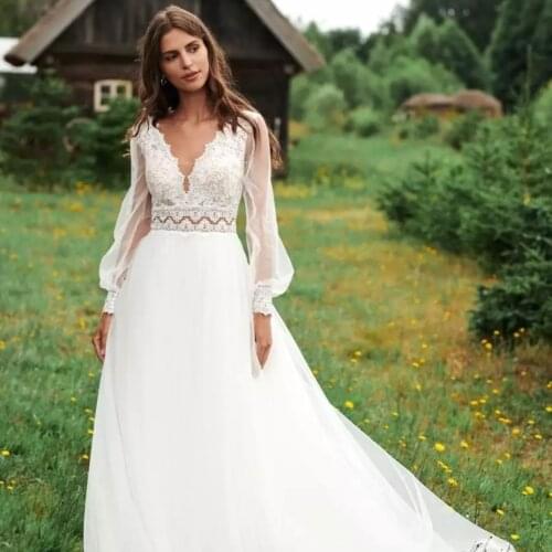 Lantern Long Sleeve V-Neck Wedding Dresses 2021 A-Line Chiffon Lace Appliques Boho Elegant Bridal Gown Backless Floor Length