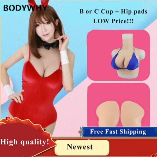 B or C Cup Realistic Silicone Breast Forms with Hip Pad Set Fake Boobs Suits Crossdresser Shemale Artificial Latex Shapewear