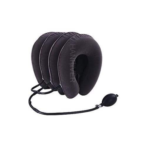 Cervical spine retractor with orthotic inflatable neck support for tension fixation of the rigid vertebra