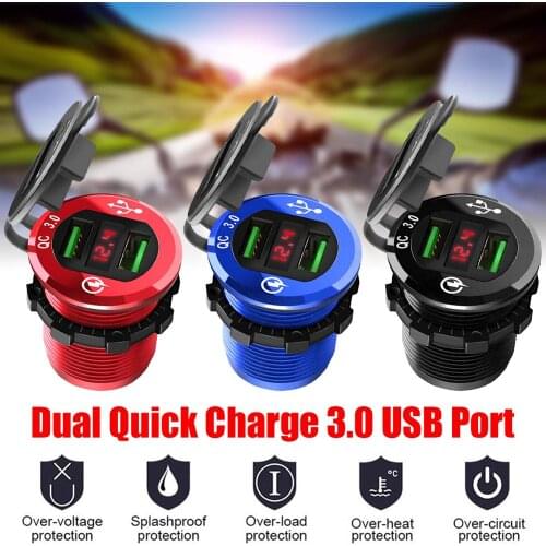 Dual USB Quick Charge 3.0 Socket, Waterproof Aluminum Power Outlet with LED Voltmeter for 12V/24V Car Boat Motorcycle Bus Truck