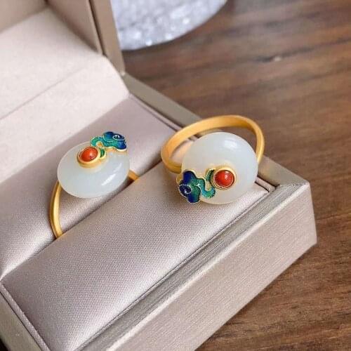 S925 silver inlaid natural Hetian Chalcedony safe buckle burning blue Xiangyun retro Chinese style opening adjustable ring