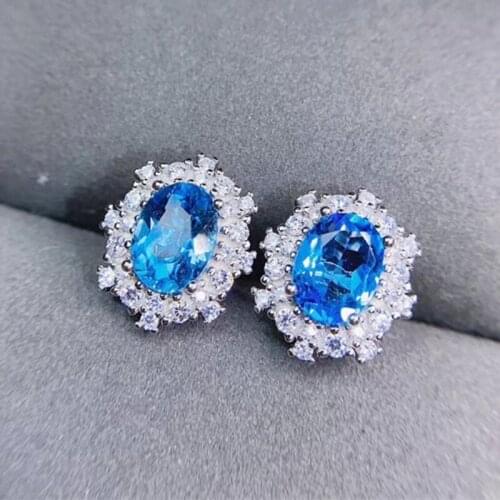 Natural real blue topaz luxury stud earring Per jewelry 7*9mm 2.5ct*2pcs gemstone 925 sterling silver Fine jewelry J21535