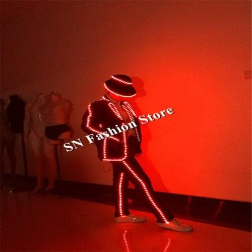 CC85 Ballroom dance led costumes RGB luminous stage show wear clothe MJ hat dj jacket bar catwalk performance suit club glasses