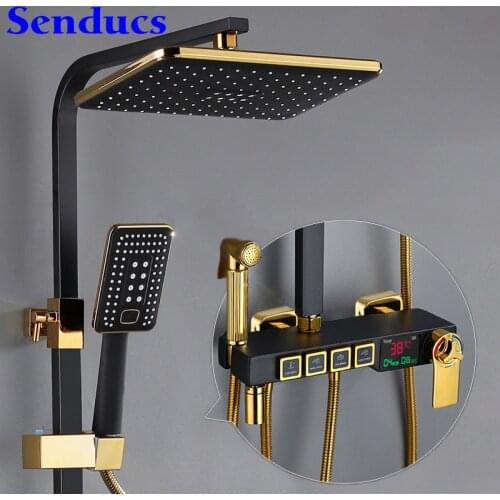 Thermostatic Shower Set with 12 Inch Rainfall Bathroom Shower Head Quality Brass Bathtub Faucets Black Gold Digital Shower Set