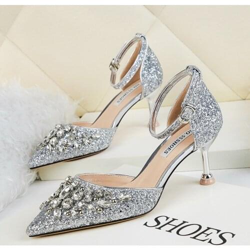 2020 new Sexy pointed pumps high heels with sequins and thin sandals stiletto banquet shoes women shoes high heel