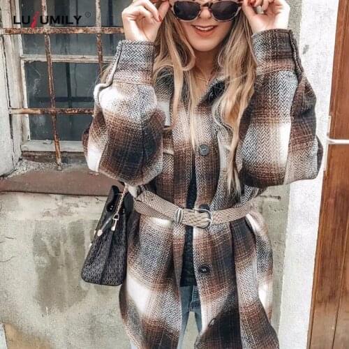 Lusumily Vintage Plaid Jacket Women Oversized Casual Long Sleeve Woolen Coats Female Shirt Streetwear Girls Oversize Jacket Tops