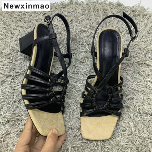 Lace Up Genuine Leather 2021 Summer Sandals for Women Buckle Fashion Concise High Heel Pumps Wedding Basic Shoes Woman
