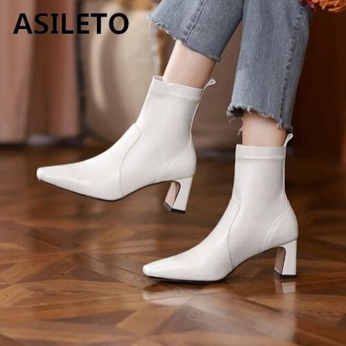 ASILETO Women genuine leather boots Ankle boots Pointed toe Slip on Soft footwear High quality Spring Autumn Fashion Solid Hot