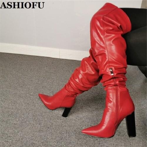 ASHIOFU Real Picture Ladies Chunky Heel Over Knee Boots Wedding Party Thigh High Boots Winter Evening Club Fashion Boots Shoes