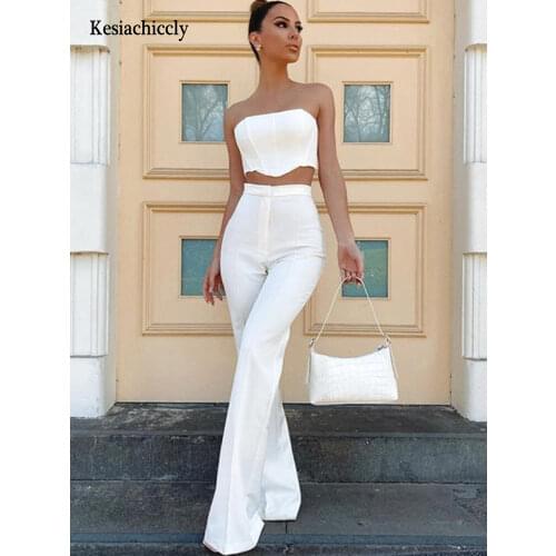 Kesiachiccly Crop Top Two Piece Set Women Strapless High Waist Trousers 2 Piece Set Autumn Winter Long Pants Suit Tracksuit