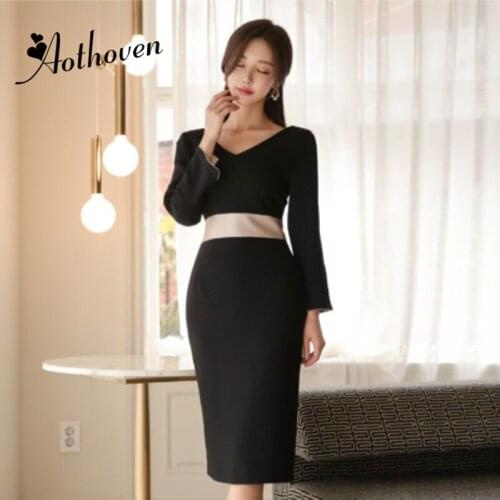 Plus Size Pencil Dress 2018 Women Autumn Black Full Sleeve V-neck Elegant Office Lady Knee-length Dress Vintage Work Dresses