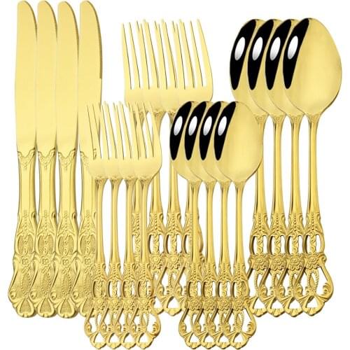 20/4pcs Gold Vintage Royal Dinnerware Stainless Steel Set Spoons Forks Knives Kitchen Western Dinner Silverware Tableware Gift