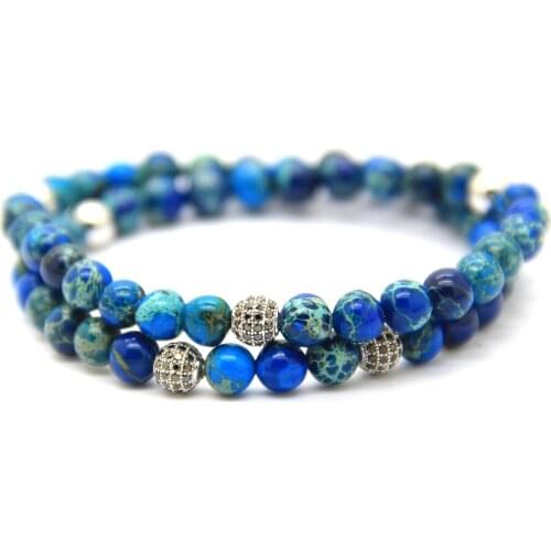 Ailatu New Two Rolls 6mm Blue & Green Sea SediMenst Stone Beads with Micro Pave CZ Beads Bracelet