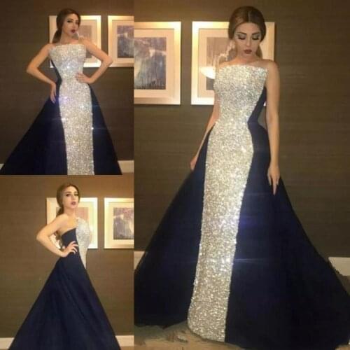 Sparkly Strapless Evening Dress Silver Bling Sequined And Navy Blue Satin Celebrity Evening Dresses Formal Red Carpet Dresses Pa