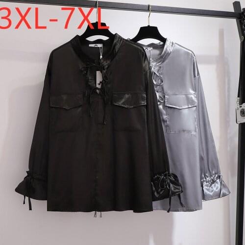 2021 spring autumn plus size tops for women large blouse long sleeve loose casual pocket black bow lapel shirt 4XL 5XL 6XL 7XL