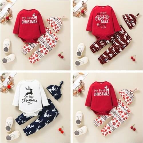 Newborn Baby Christmas Clothing Sets 2021 Fall Winter Baby Boy Clothes Christmas Elk Romper + Trousers + Hat 3PCS Baby Girl Set